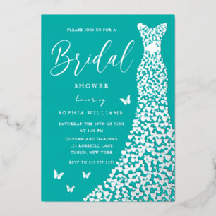 Silver Foil Heart Dress Teal Blue Bridal Shower Invitation