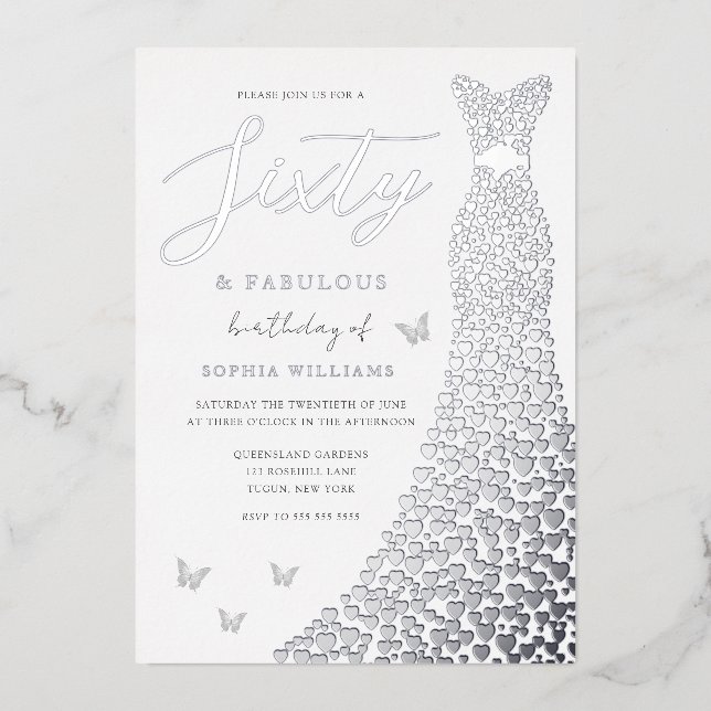 Silver Foil Heart Gown 60th Birthday Party Real Foil Invitation (Front)