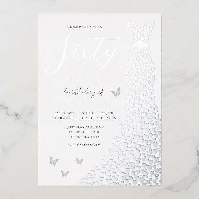 Silver Foil Heart Gown 60th Birthday Party Real Invitation (Front)