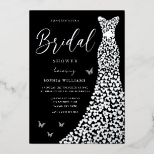 Silver Foil Heart Gown with Black Bridal Shower Invitation