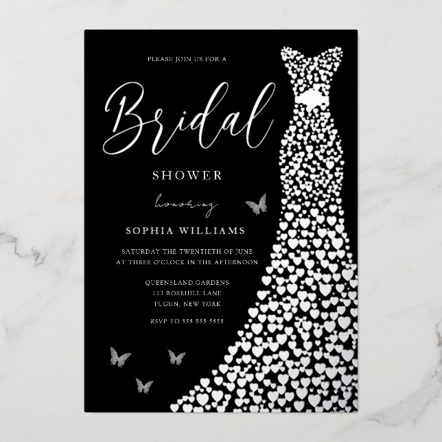 Silver Foil Heart Gown with Black Bridal Shower Invitation (Front)