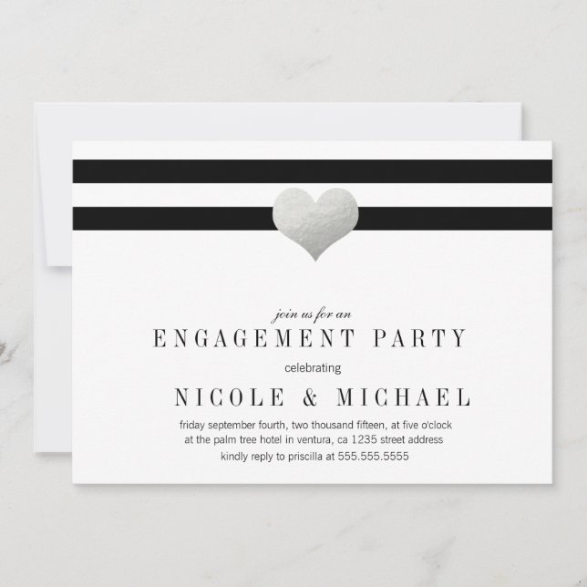 Silver Foil Heart + Stripes Engagement Party Invitation (Front)
