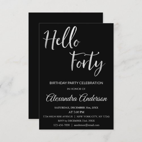 Silver Foil Hello 40 Forty Birthday Party Invitation