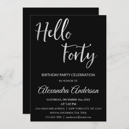 Silver Foil Hello 40 Forty Birthday Party Invitation