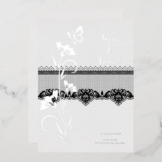 Silver Foil Lace Floral Wedding  Foil Invitation (Front/Back)