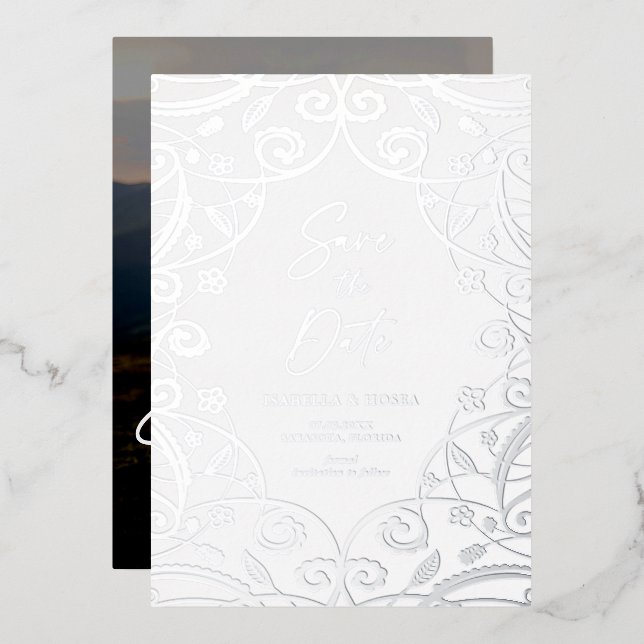 Silver Foil Lace Wedding Photo Save The Date Foil Invitation (Front/Back)