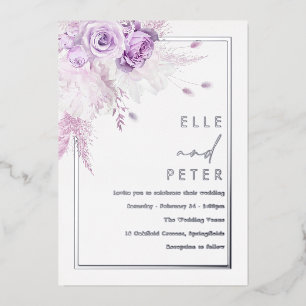 Silver Foil & Lavender Roses Wedding Foil Invitation
