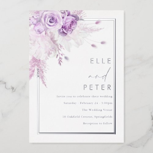 Silver Foil  Lavender Roses Wedding Foil Invitation