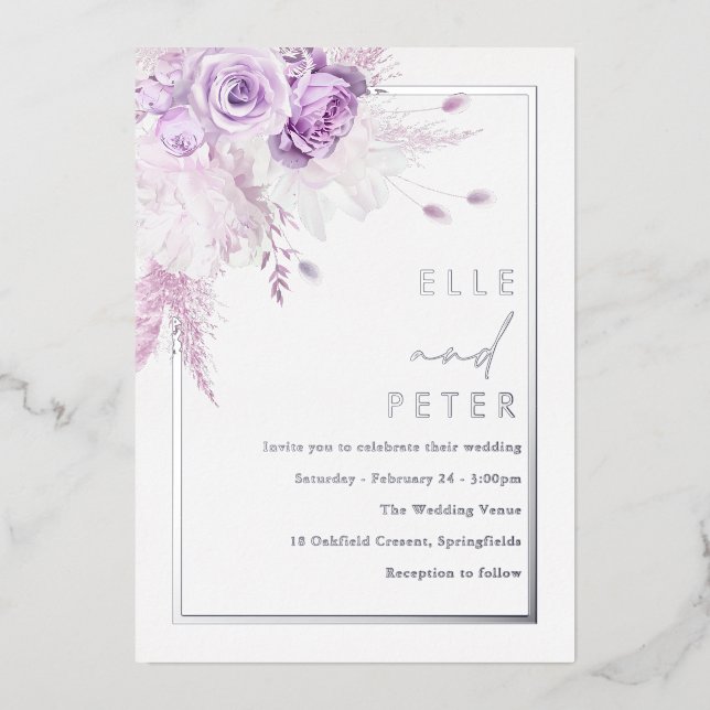 Silver Foil & Lavender Roses Wedding Foil Invitation (Front)
