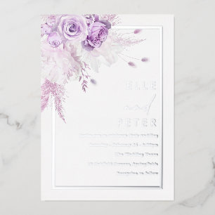 Silver Foil & Lavender Roses Wedding Invitation