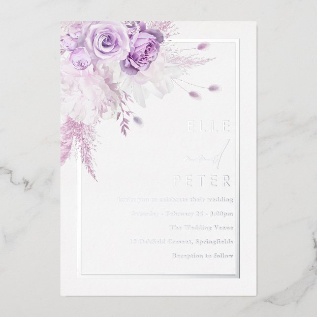 Silver Foil & Lavender Roses Wedding Invitation (Front)