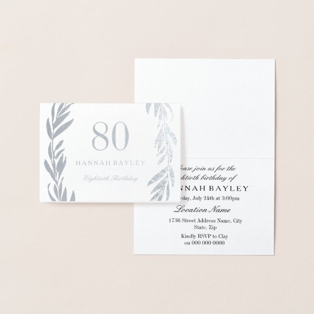 Silver Foil Leaf Wreath 80th Birthday Invitation (Display)