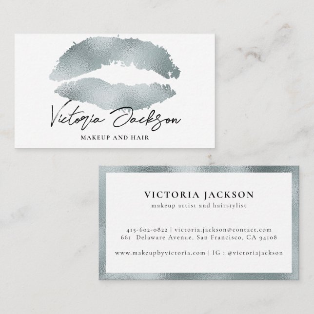 Silver Foil Lips Modern Chic Makeup Beauty White Business Card (Front/Back)