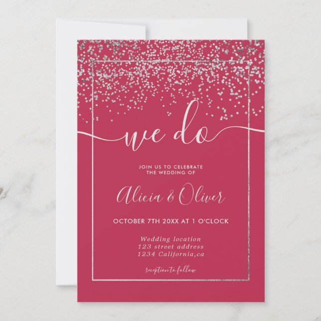 Silver foil magenta photo initials wedding invitation (Front)