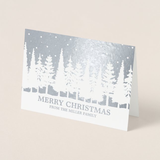 Silver Foil Merry Christmas Snowy Trees Custom Foil Card (Front)