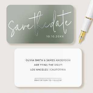 Silver Foil Mini Save the Date Wedding Sage Green Business Cards