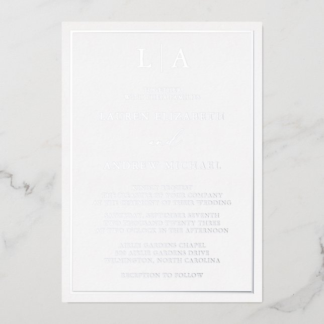 Silver Foil Monogram Border Minimalist Wedding Invitation (Front)