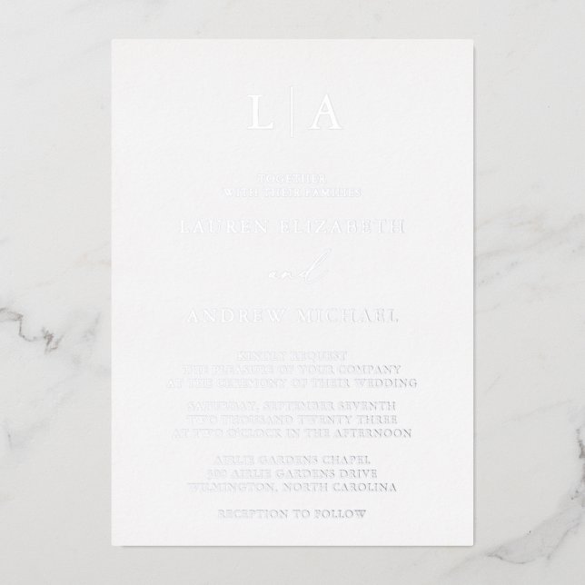 Silver Foil Monogram Initial Minimalist Wedding Invitation (Front)