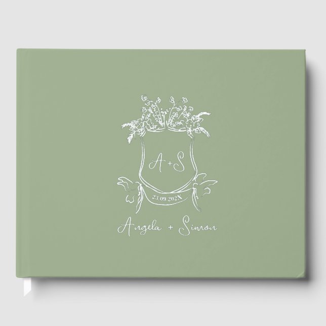 Silver Foil Monogram Sage Green Wedding Foil Guest Book (Front)