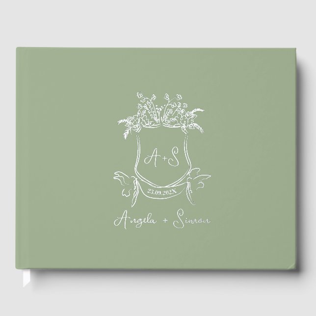 Silver Foil Monogram Sage Green Wedding Guest Book (Front)