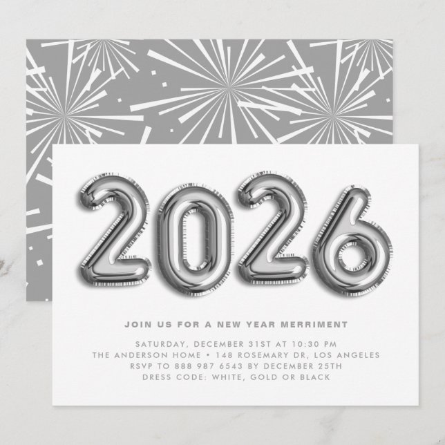 Silver Foil Mylar Balloons New Year's Eve Party Invitation (Front/Back)