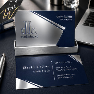 Silver Foil Navy Blue Executive Monogram Business Cards