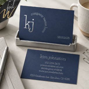 Silver Foil Navy Blue Monogram Business Cards