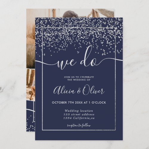 Silver foil navy blue photo initials wedding invitation
