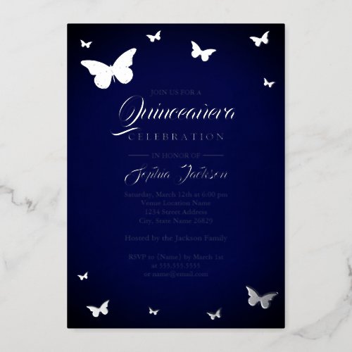 SILVER FOIL Navy Butterfly Quinceanera Foil Invitation