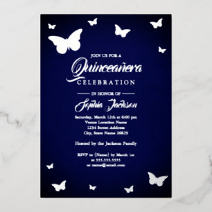 SILVER FOIL Navy Butterfly Quinceanera Invitation