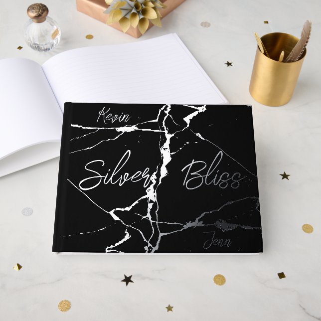 Silver Foil on Black 25th Wedding Anniversary | Guest Book (Front Open)