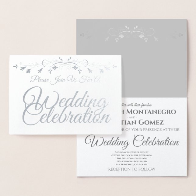 Silver Foil on White Elegant Wedding Invitation (Display)