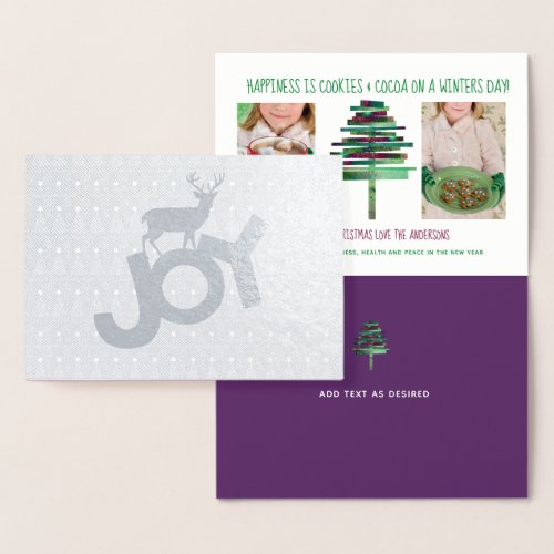 Silver Foil Photo Christmas Stag Card Purple Green