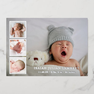 Silver Foil Photo Collage Boy Birth Announcement