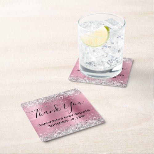 Silver Foil Pink Foil Baby Shower Thank You Square Paper Coaster