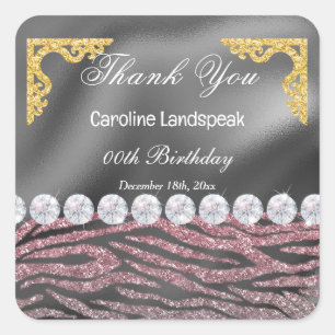 Silver Foil, Pink Glitter Zebra Print Birthday Square Sticker