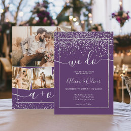 Silver foil plum purple photo initials wedding invitation