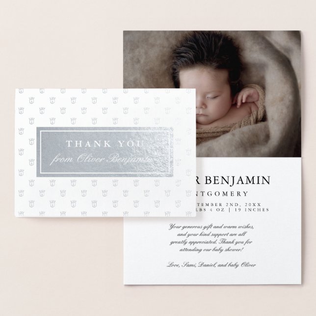 Silver Foil Prince Crowns Baby Shower Thank You Card (Display)
