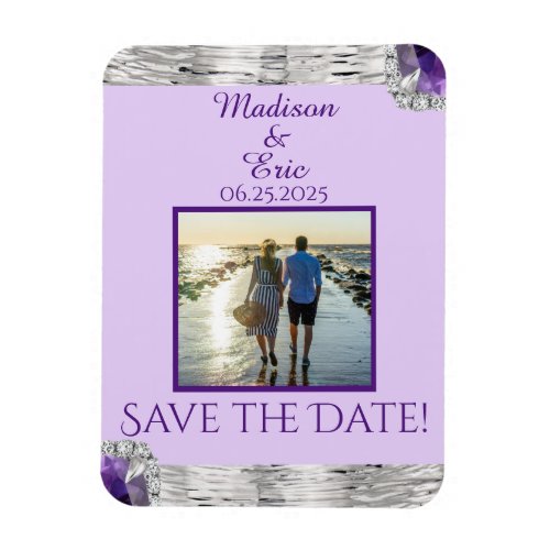 Silver Foil Purple Amethyst Save the Date Photo Magnet