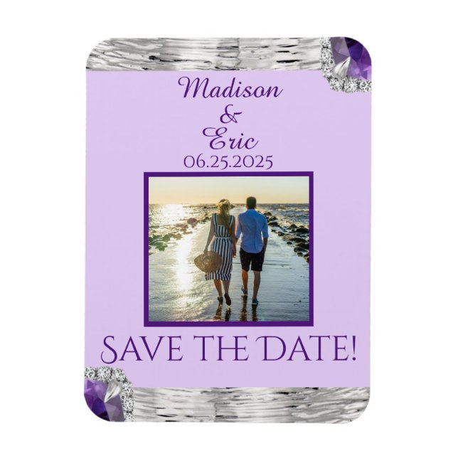 Silver Foil Purple Amethyst Save the Date Photo Magnet (Vertical)