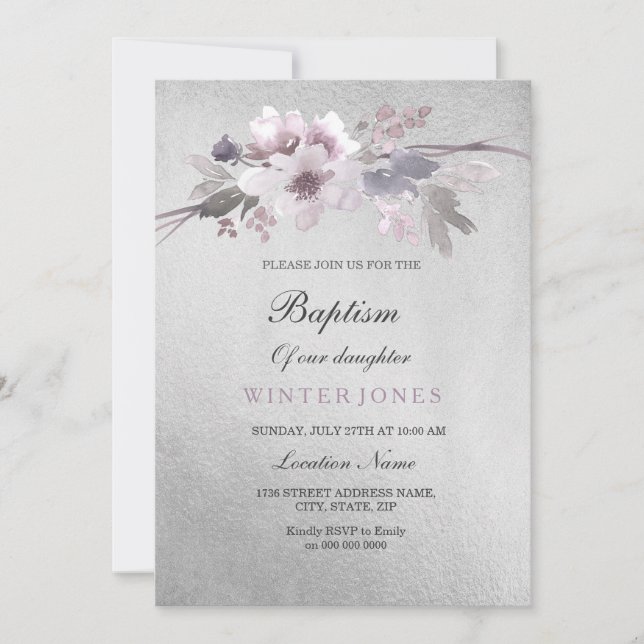 Silver Foil Purple Floral Baptism Invitation (Front)