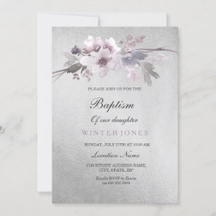 Silver Foil Purple Floral Baptism Invitation