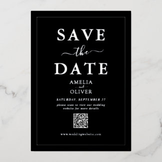 Silver Foil QR Code black Wedding Save the Date Invitation