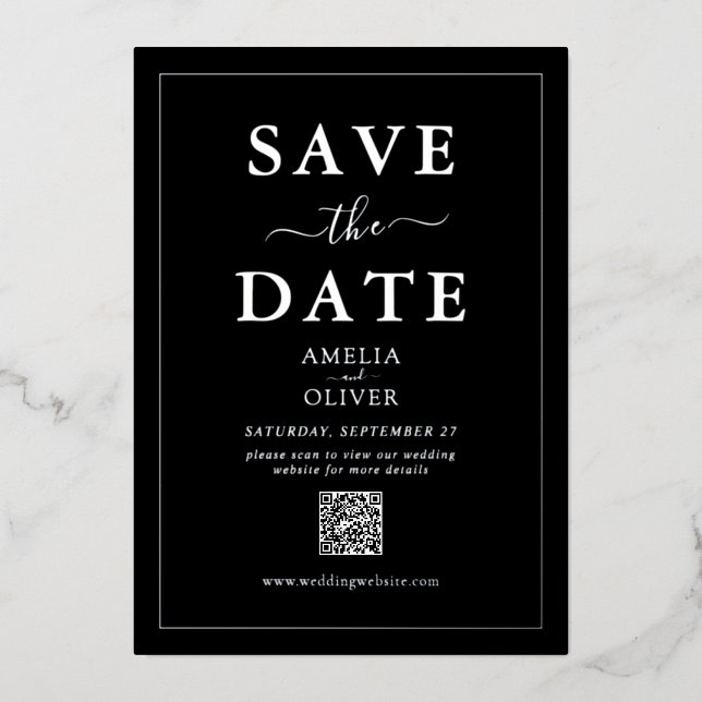 Silver Foil QR Code black Wedding Save the Date Invitation (Front)