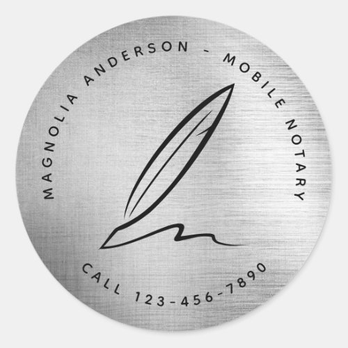Silver Foil Quill Chic Mobile Notary Business Classic Round Sticker