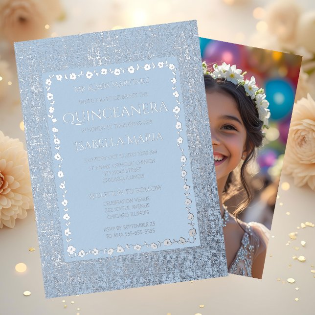 Silver Foil Quinceañera Invitation Dusty Blue  (Creator Uploaded)