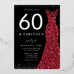 Silver Foil Red Gown Sixty Fabulous 60th Birthday Foil Invitation