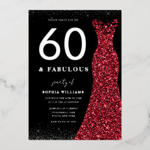 Silver Foil Red Gown Sixty Fabulous 60th Birthday Invitation