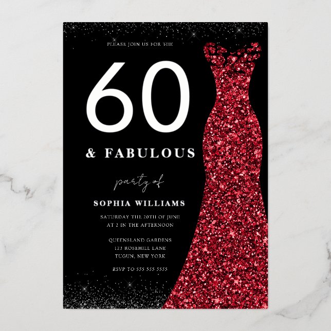 Silver Foil Red Gown Sixty Fabulous 60th Birthday Invitation (Front)