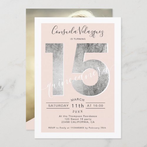 Silver foil script blush quinceanera photo invitation